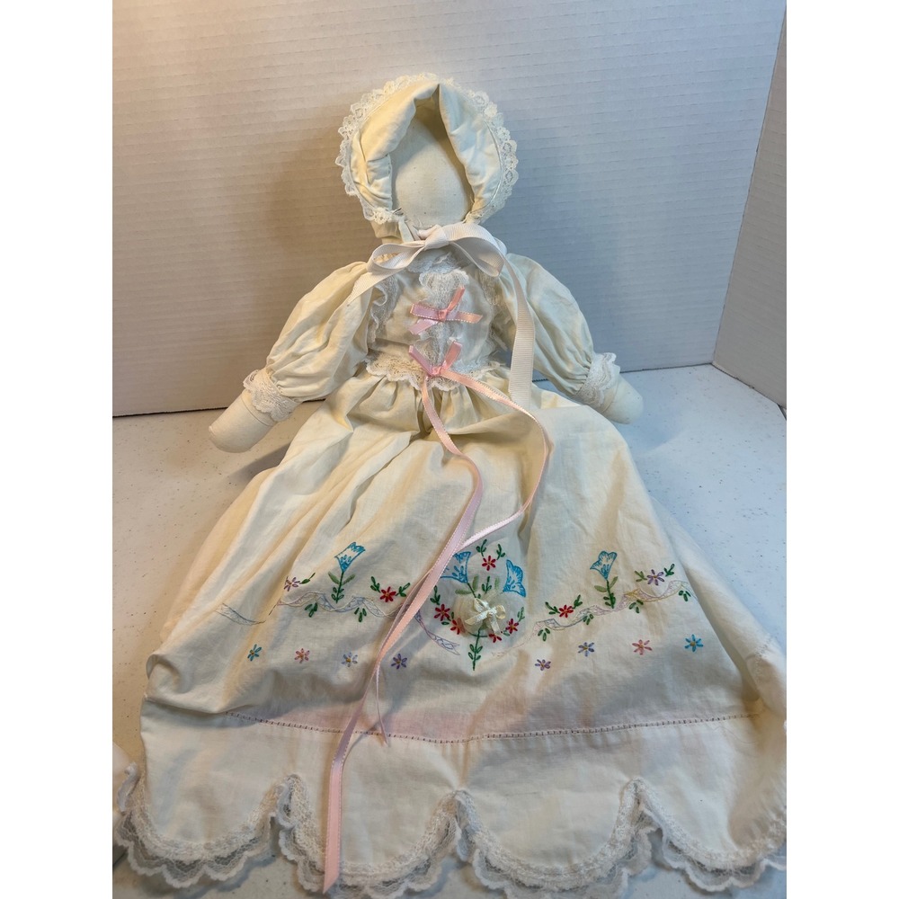 Vintage Handmade Rag Doll Faceless Folk Art Embroidered Cream Dress Bonnet 19"